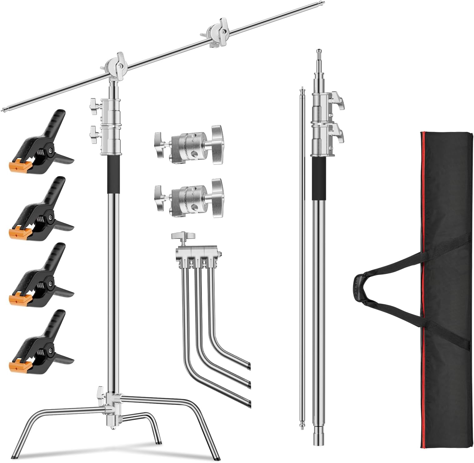 Heavy Duty C Stand Max Height 10ft /300cm, Adjustable Photography Stand with 4.2ft/128cm Holding Arm 2 Pieces Grip Head and Baby Pin for Photography Reflector, Softbox, Monolight