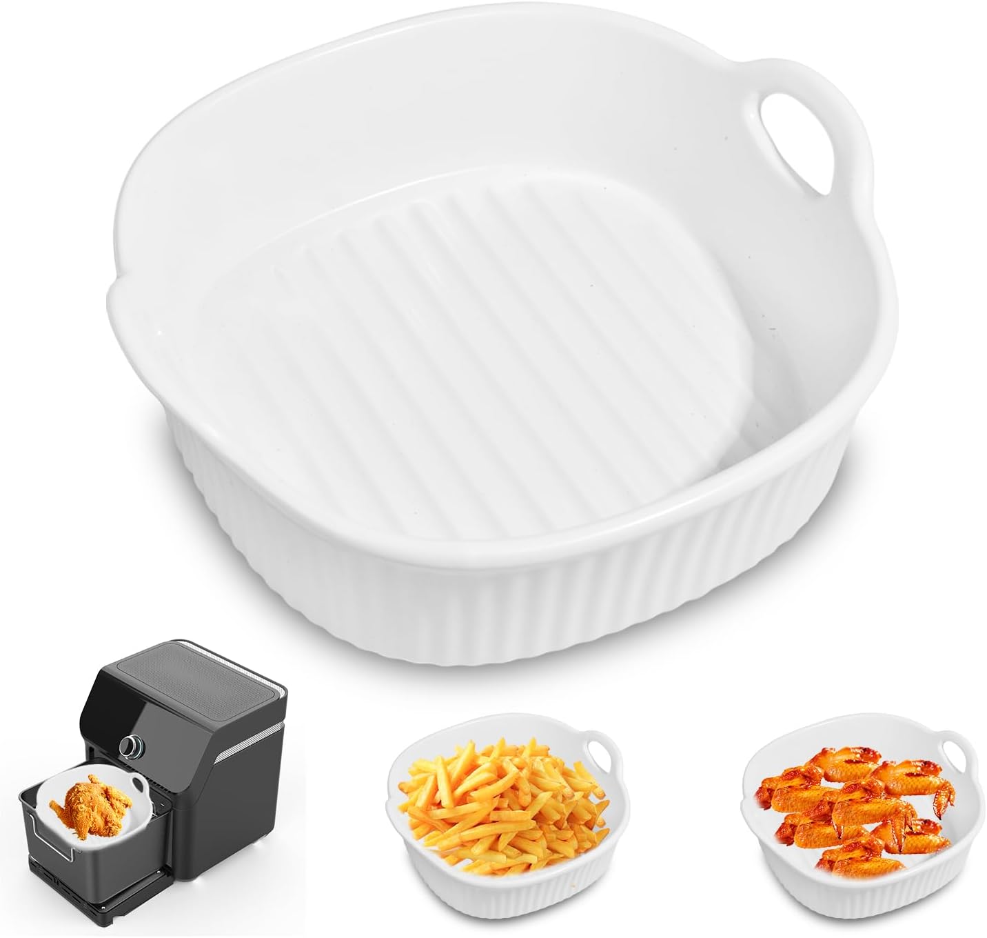 Ceramic Air Fryer Bowl Liners Reusable, Easy Clean Ceramic Liners for Air Fryer Basket, Air Fryer Accessories, AirFryer Basket Bowl, White (Top 8in, Height 3.7in)