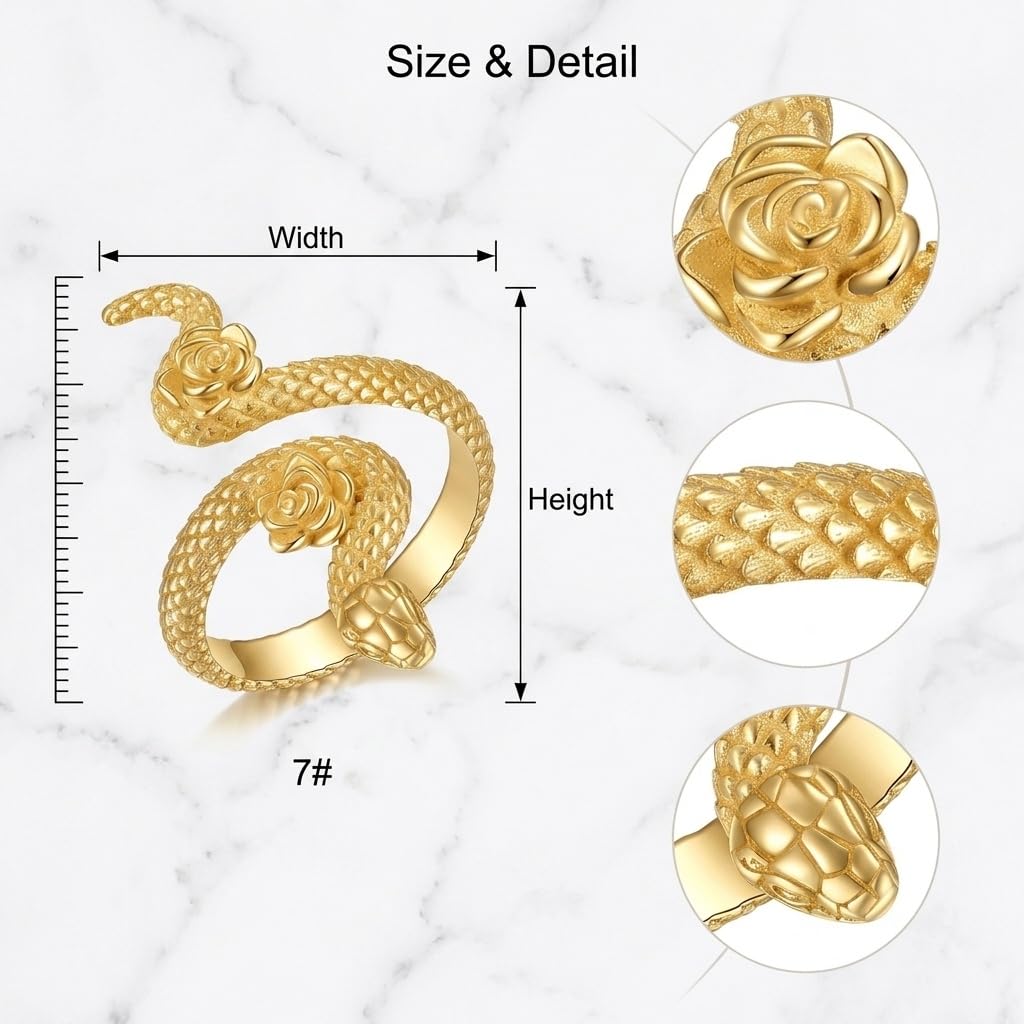 DAYLINLOVE Anillo gótico de serpiente de plata de ley 925, anillo abierto ajustable para el pulgar, joyería gótica de serpiente regalo para mujeres y niñas (chapado en oro de 18 quilates)