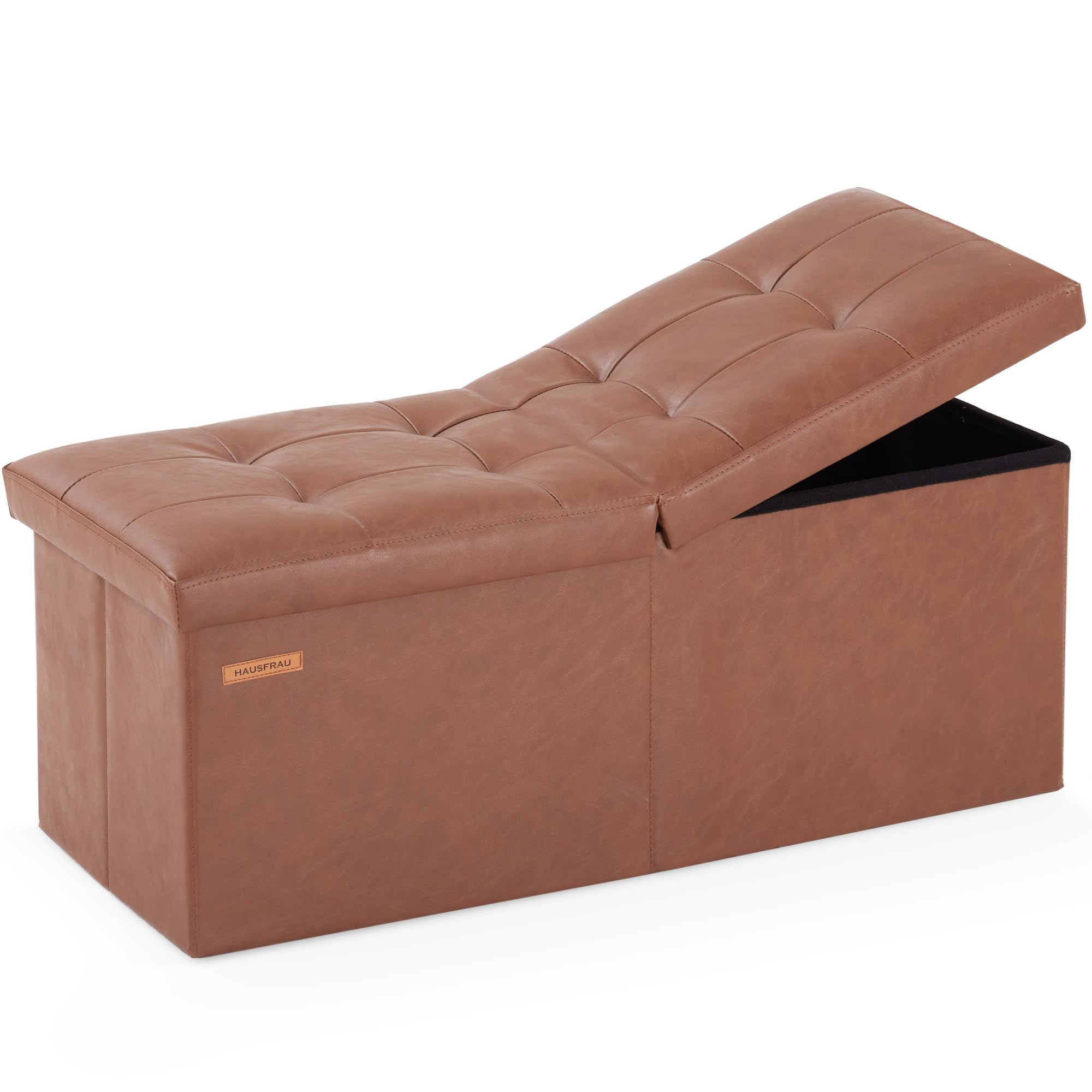 HAUSFRAU 31.5 Inches Ottoman with Storage Bench, Folding Ottoman Bench Small Foot Rest Stool, Bedroom Bench with Flipping Lid, Faux Leather Retro Brown