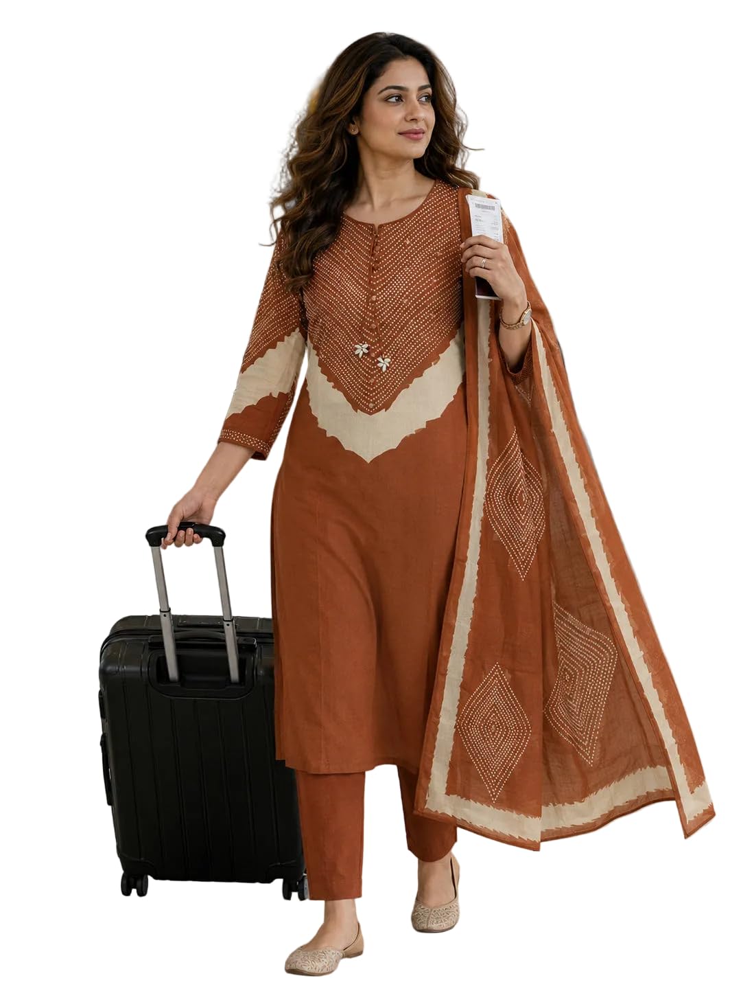 berrylicious Women Rust Cotton Printed & Mirror Embellished Kurta with pant & Dupatta-picture-54