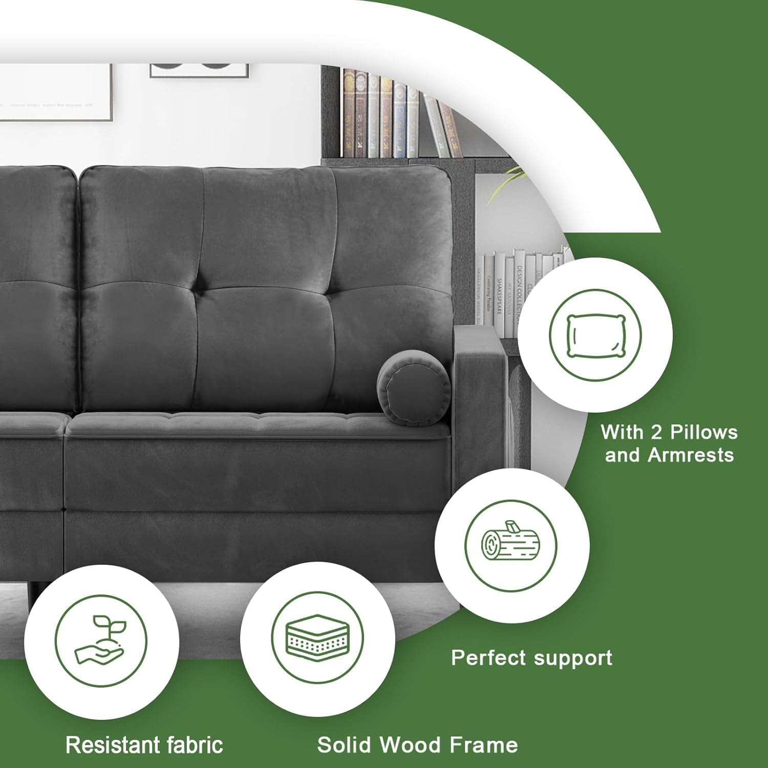 Sofá 2 Plazas, Cojín Cómodo, 2 Almohadas (Gris sólido) | Sofá Moderno de Terciopelo con 2 Almohadas y Bolsillos Laterales para Salón, Apartamento y Dormitorio, Fácil de Montar