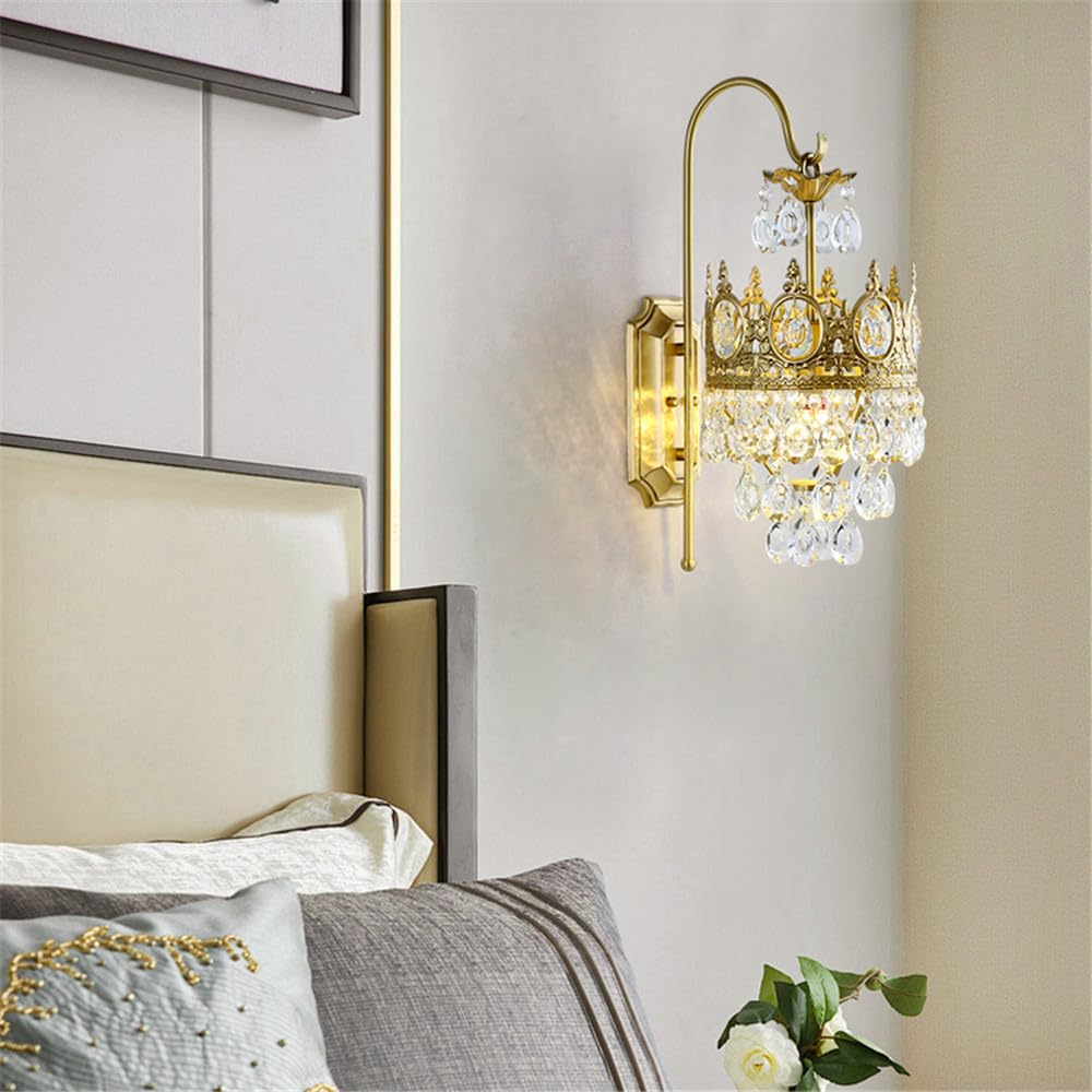 HYJAUSXB Brass Crystal Wall Lamp, LED Light for Living Room, Bedroom, Bedside, Villa, Hotel, Study, Aisle, Corridor