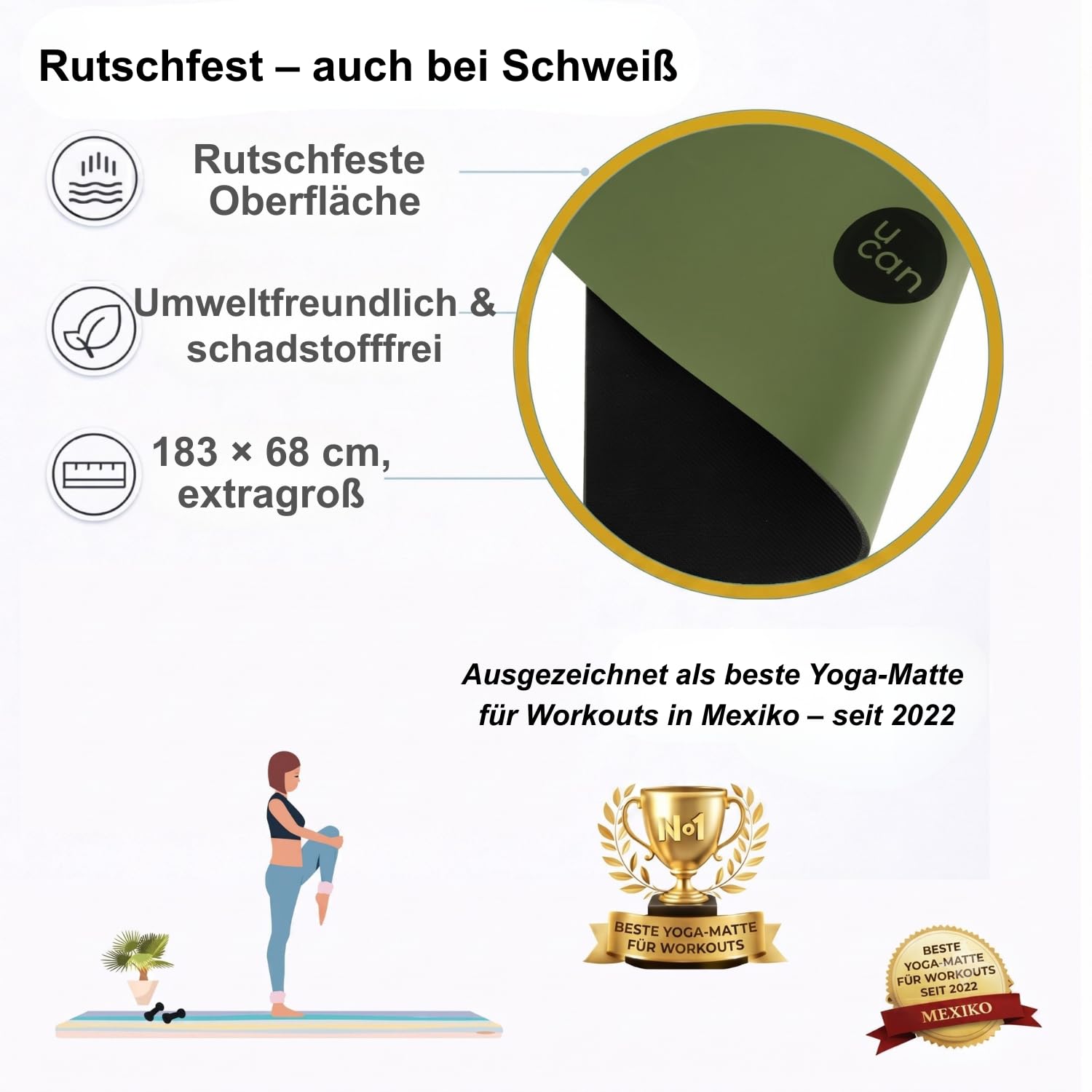 Ucan Yogamatte, rutschfest, 183 x 68 cm, 5 mm dicke Matte für Pilates, Barre, HIIT und funktionales Training, umweltfreundliche PU-Oberfläche
