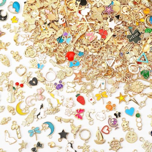 SANNIX 400Pcs Breloques Creation Bijoux Pendentifs en Émail Doré pour Bijoux, Bracelets, Colliers, Boucles d'Oreilles 14 cm Alliage sans Pierres Précieuses