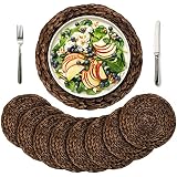 (Sizes: 11.8"-13.8''-15") EXA Woven Placemats, Natural Water Hyacinth Placemat, Round Wicker Braided