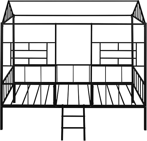Miniatura 5 de P PURLOVE Base de cama de metal con cama nido para niños, cama de plataforma en forma de casa de tamaño individual con cama nido, cama de juegos con