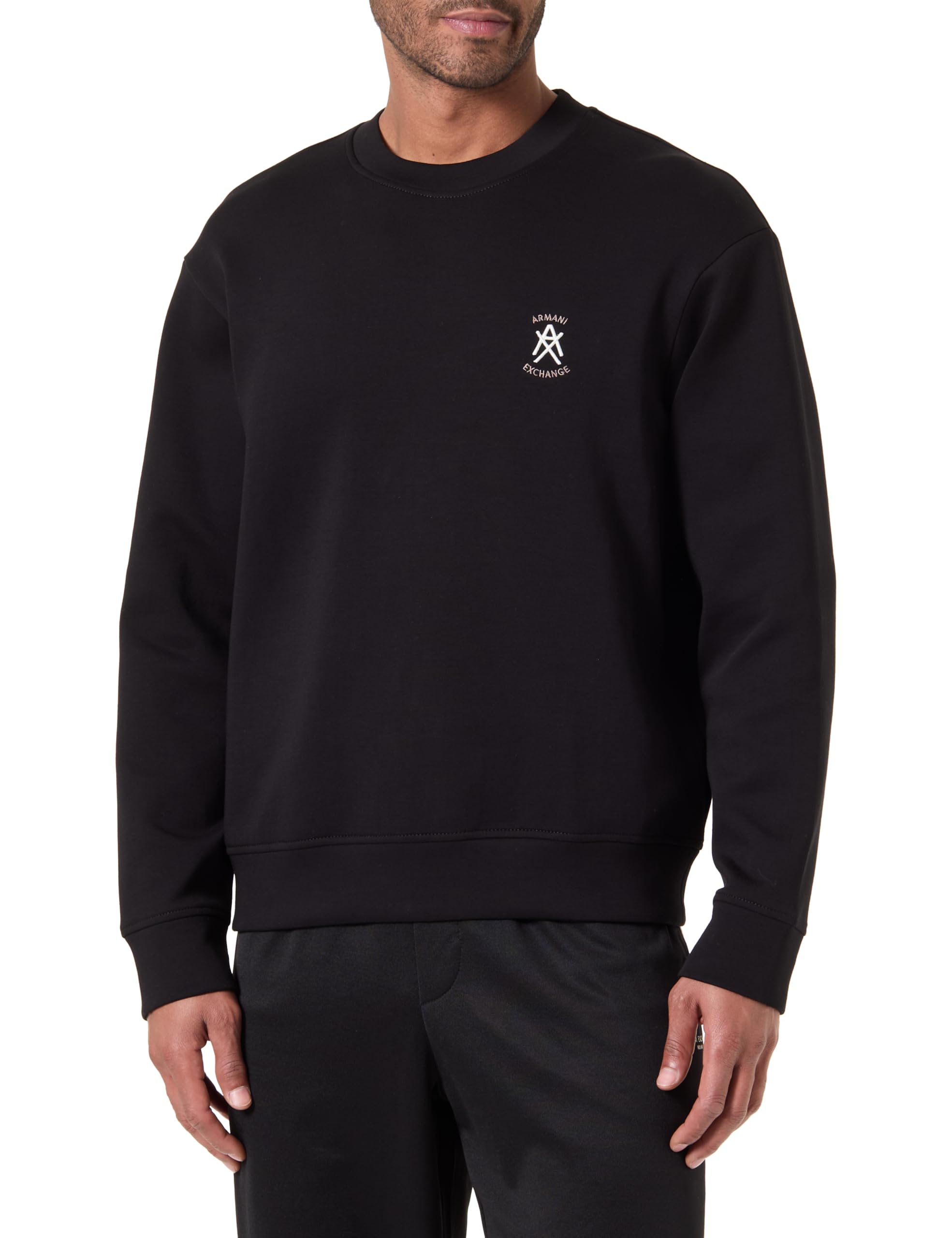 Armani Exchange Men's One Block Up, Color Contrast Embroiderd Logo Sweatshirt, Black, XL
