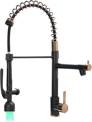 Fapully - Grifo de fregadero de cocina comercial de una manija con rociador extraíble negro y oro rosa con luz LED