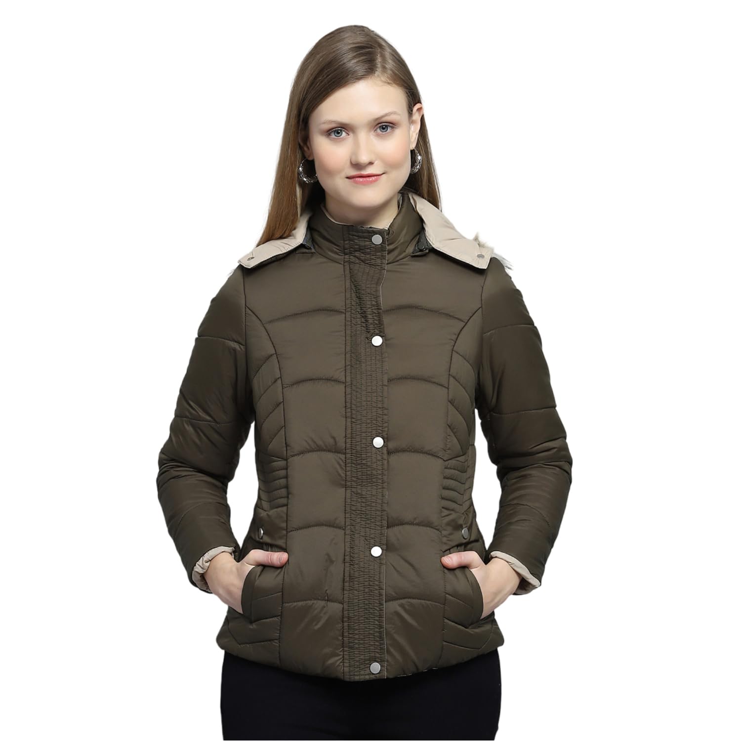 monte carlo Womens Self Design Olive Detachable Hood Full Sleeve Jacket-picture-17
