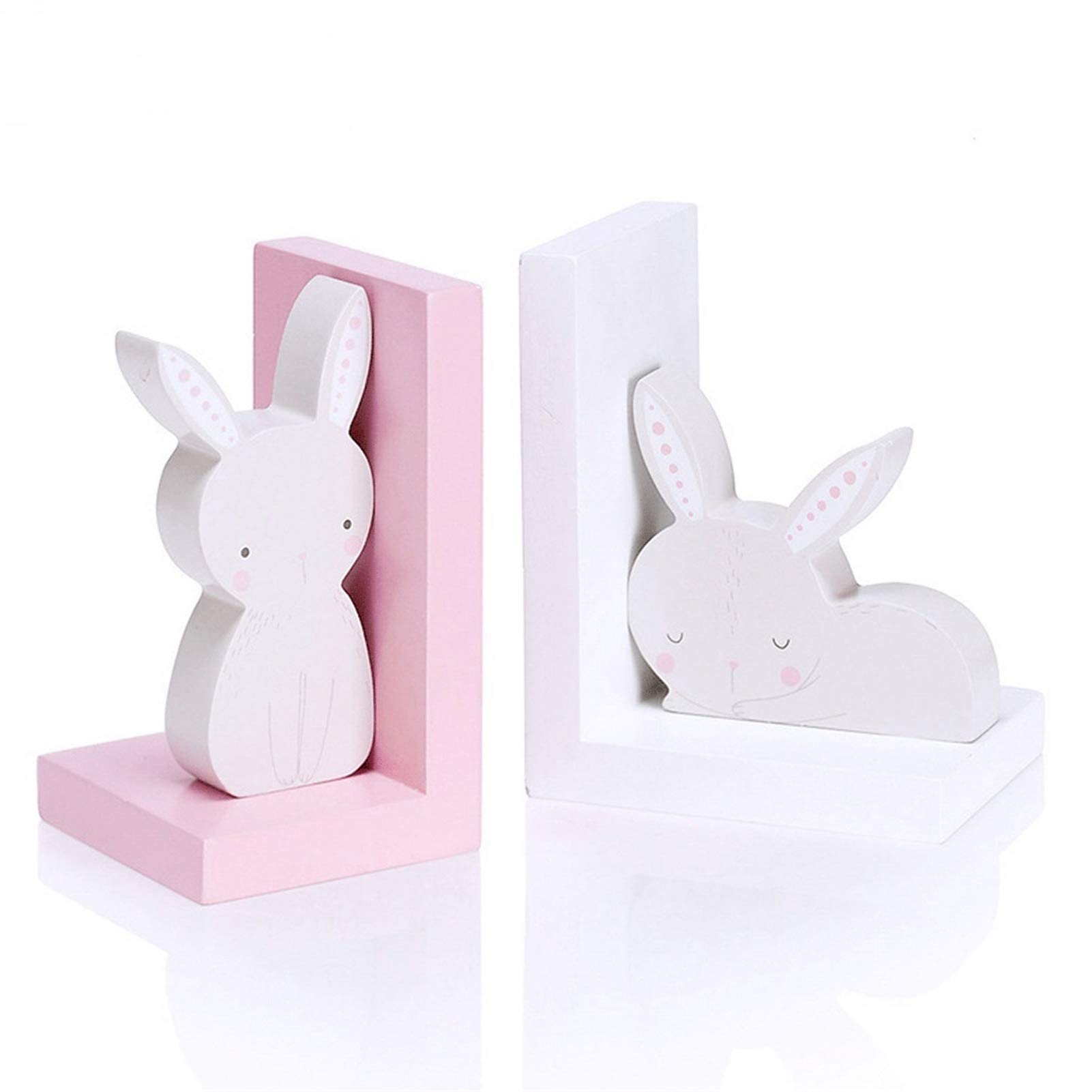 Sujetalibros Sujetalibros de Madera Blanco Rosa Sujetalibros Tapones para Libros para niños Linda decoración de estantería Conejo Portalibros para estantes 8.2x3.9x6.2in Organizador de Libros