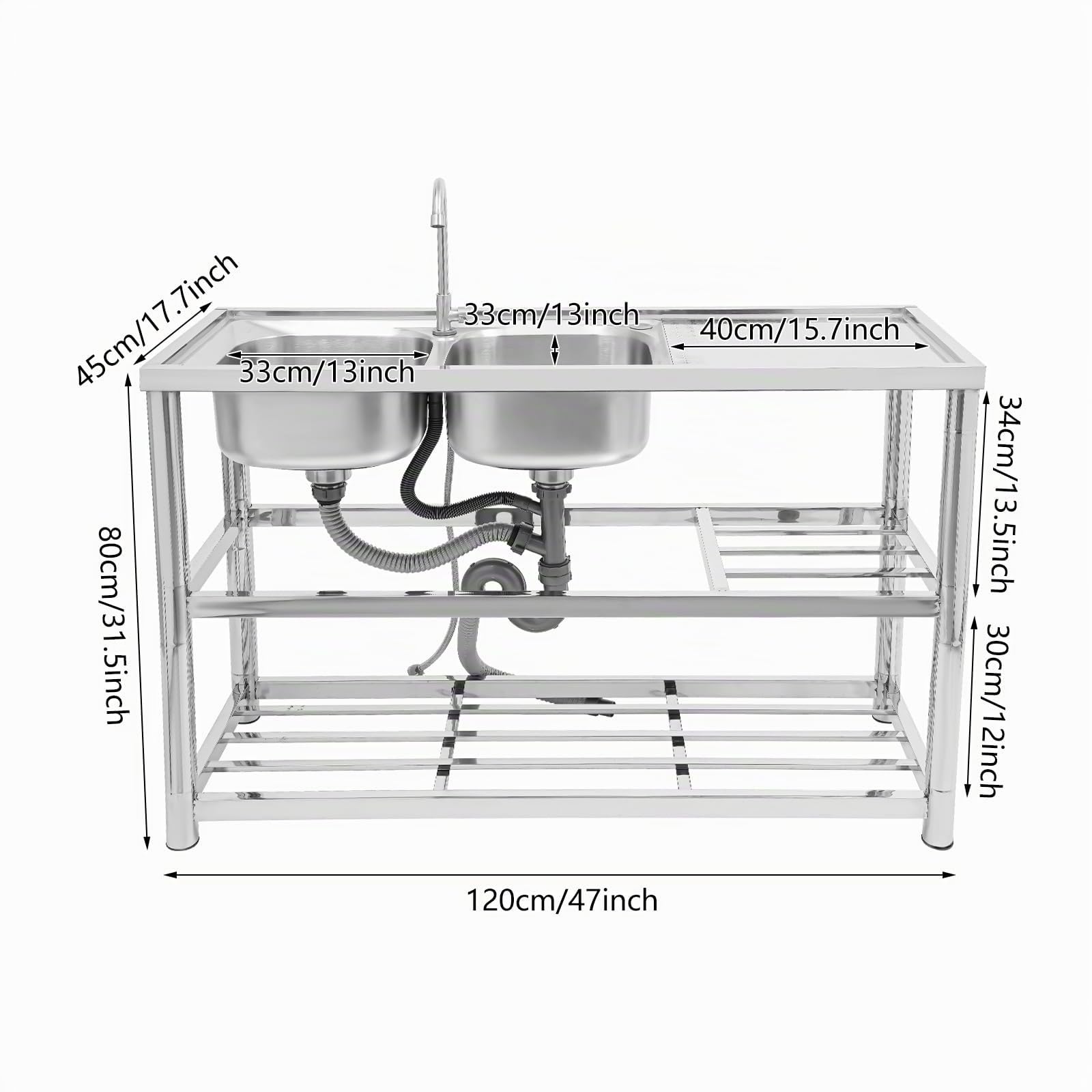 Lavello da cucina in acciaio inox, a 2 vasche a 3 livelli, autoportante, con rubinetto, per ristorante, campeggio, 120 x 45 x 80 cm, con accessori e scolapiatti
