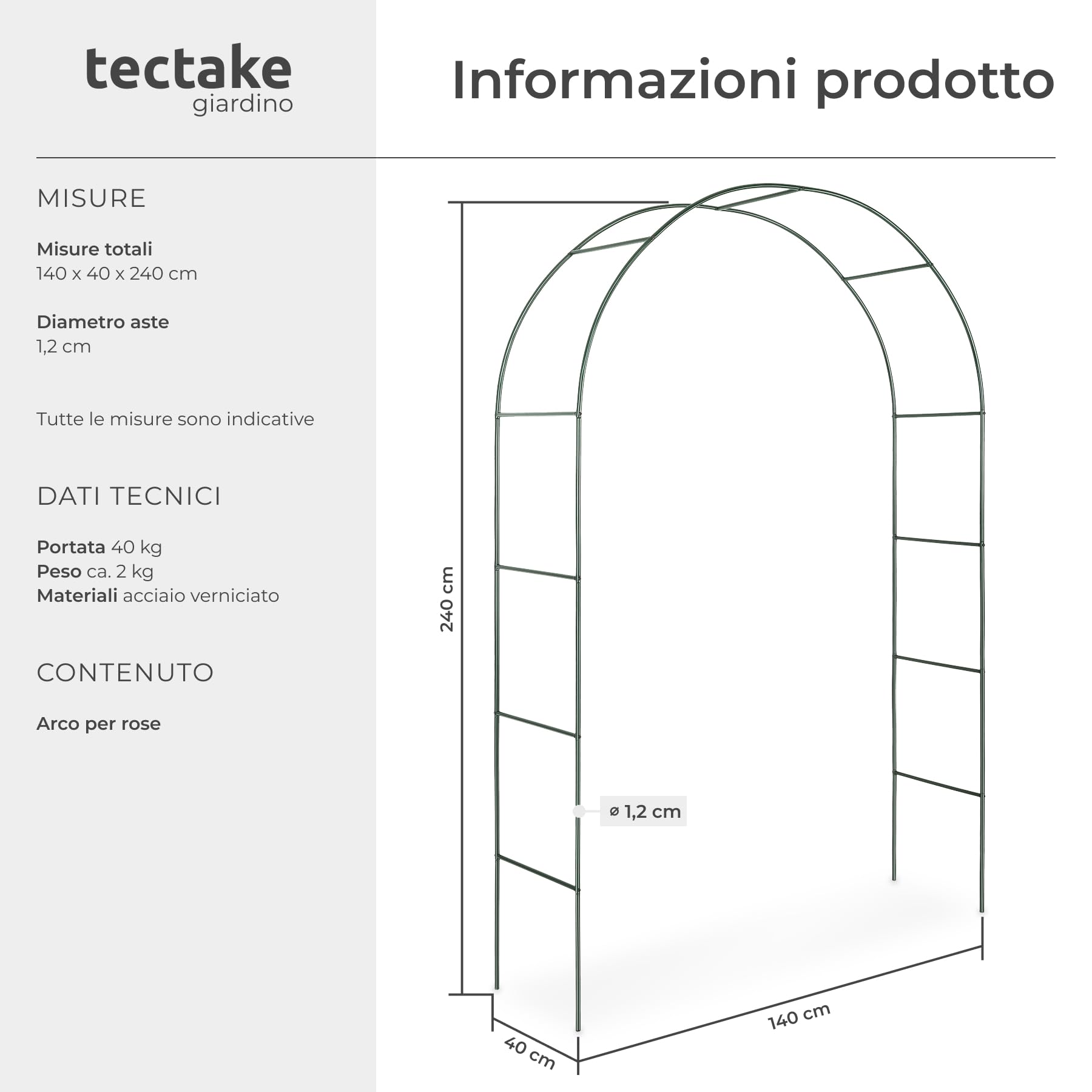 tectake® Set 4 Archi per Rose Rampicanti, Resistente, Acciaio, 240×140 cm