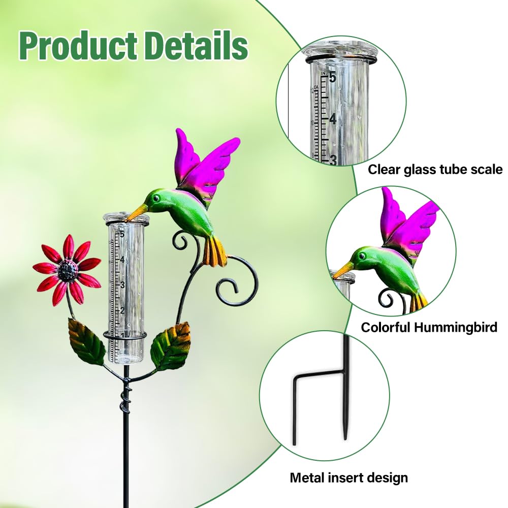 RNPKZ Regenmesser für Garten Frostsicher, Outdoor Regenmesser Glas Regenwassermesser, Vogel Regenmengenmesser mit Erdspieß Metall, Niederschlagsmesser, Regenmesser für Garten, Rasen, Terrasse (Bunt) - 4