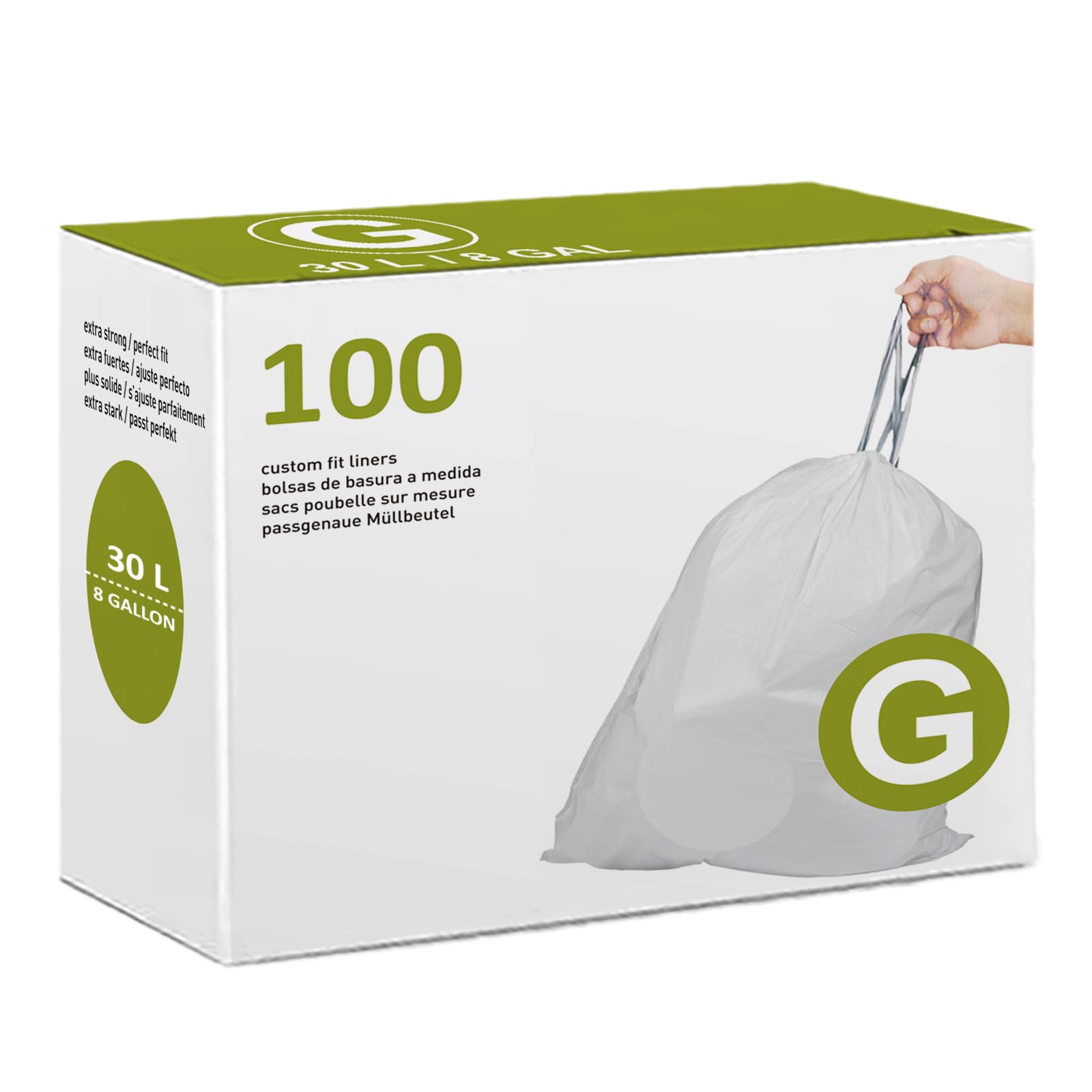 Code G 8 Gallon 100 Count Custom Fit Trash Bags | 1.2 Mil 8 Gallon / 30 Liter Drawstring White Garbage Can LinersCompatible with simplehuman Code G | Heavy Duty Plastic Trash Bags