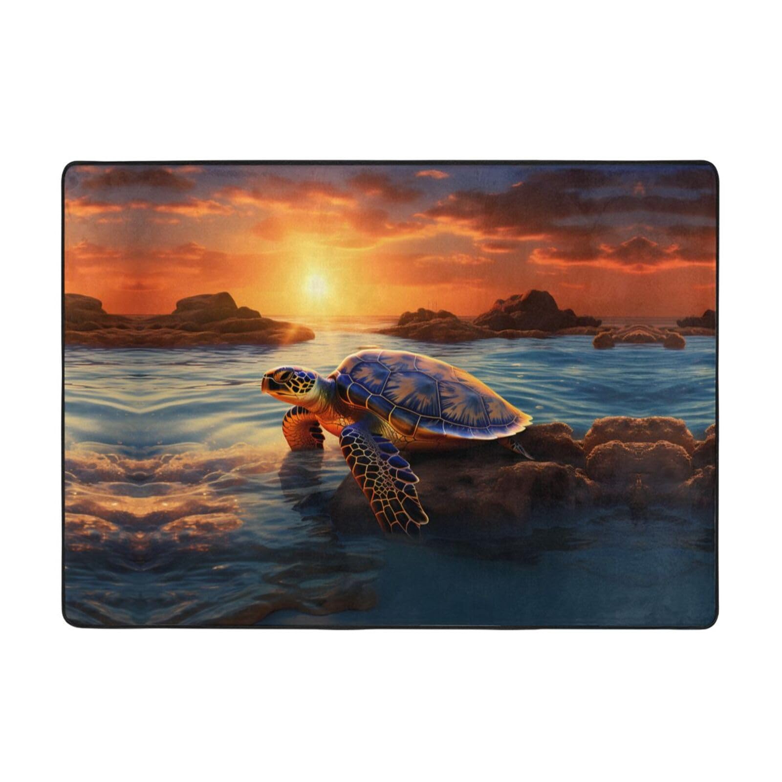 Tapis de sol tortue de mer et coucher de soleil pour salon et couloir 203x147 cm