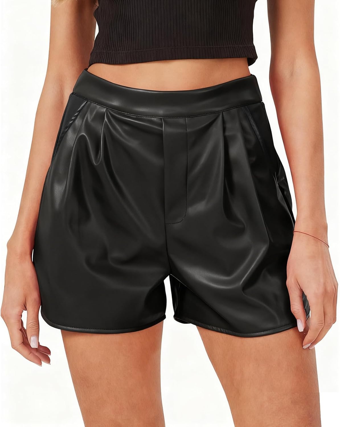 XinYangNi Women's Faux Leather PU Leather Elastic High Wasited Pleated Wide Leg Dressy Shorts