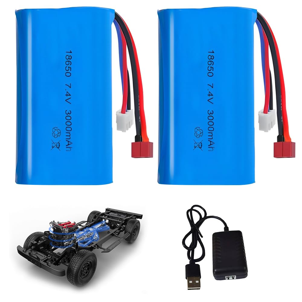 Akumulator litowo-jonowy 7,4 V, 2 szt. 3000 mAh akumulator litowo-jonowy z wtyczką Deans T Plug i Xh-3P, baterie litowe Lonen z 1 ładowarką, do pojazdów RC, czołgów, samochodów, robotów, samochodów