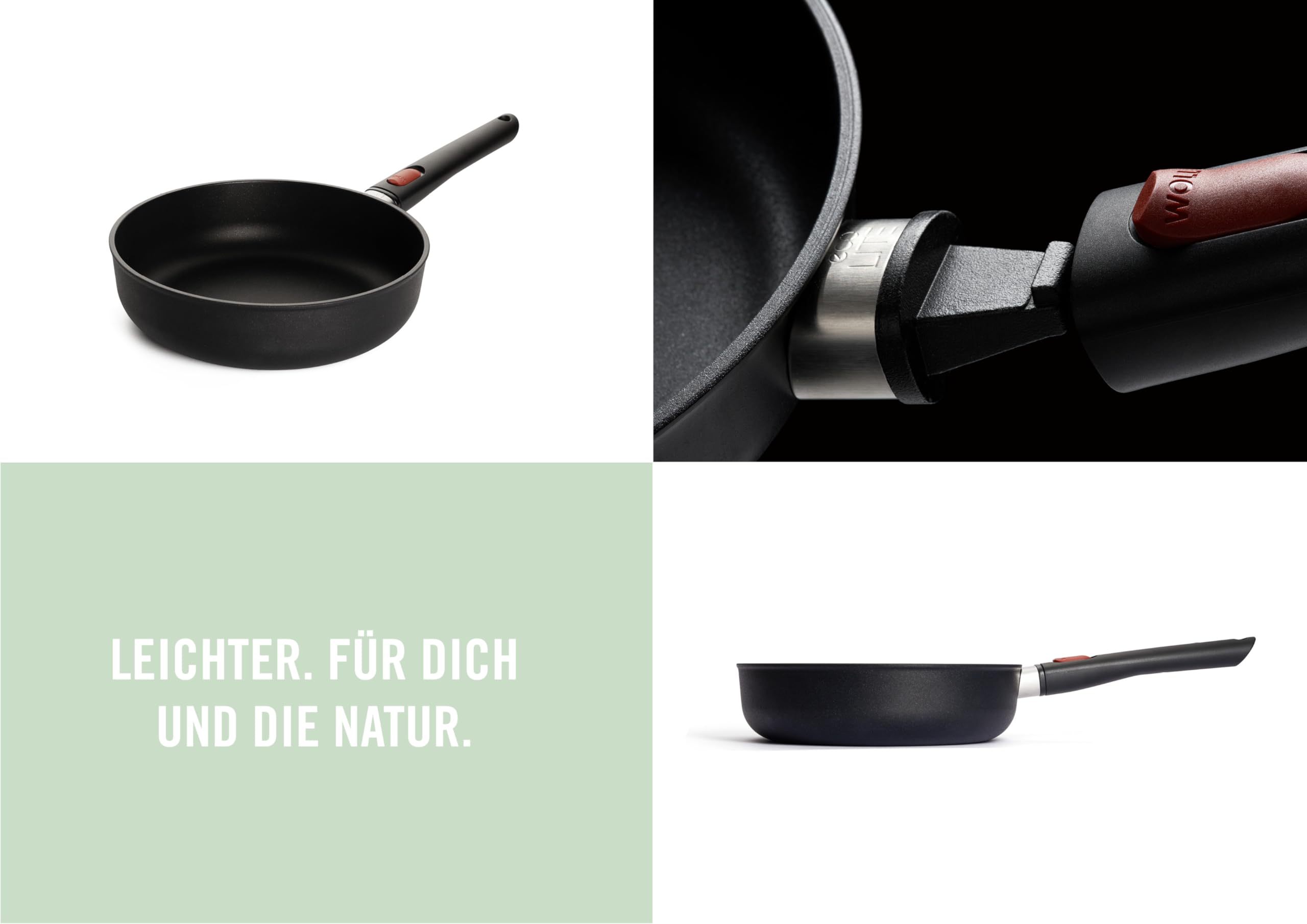 Woll Eco Lite QXR Hochrandpfanne - Induktiv - Ø 24 cm, 7 cm hoch, mit abnehmbarem Stiel - Geeignet für alle Herdarten, PFAS-frei,100% recyceltes Aluminium, backofenfest, schwarz