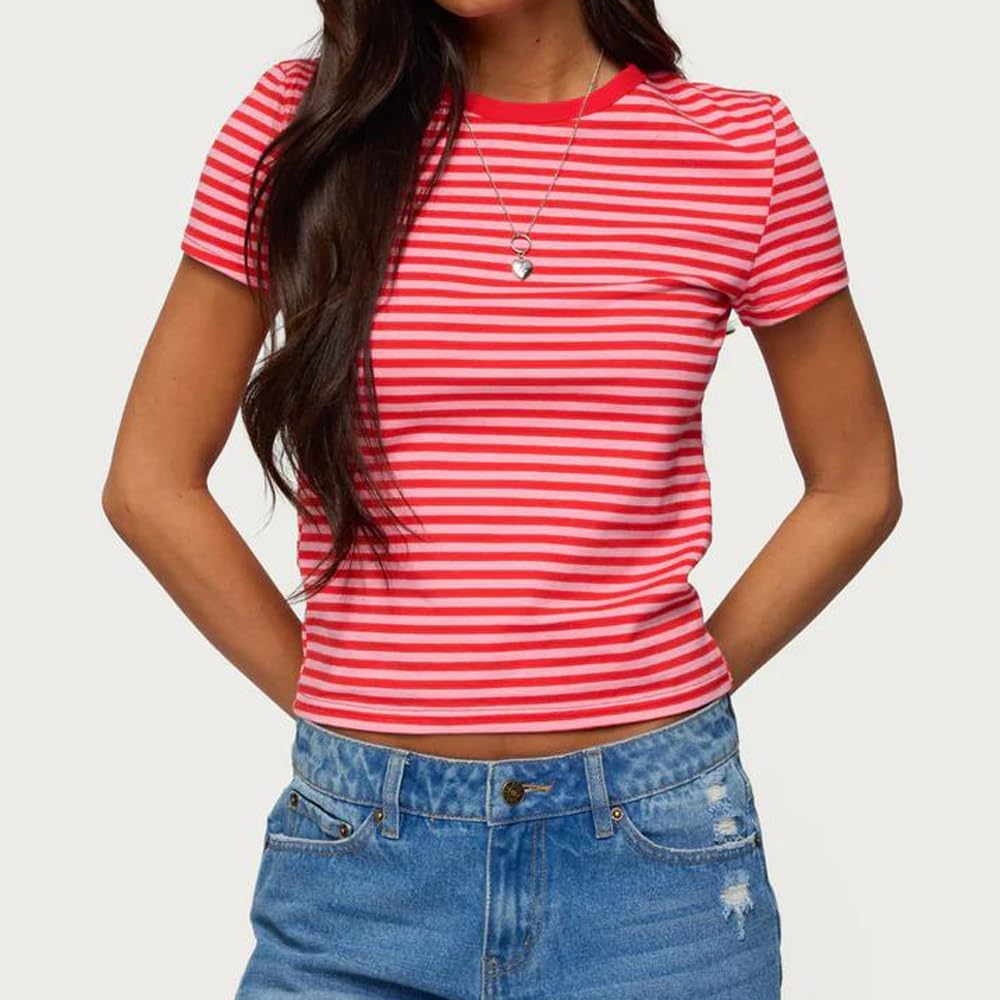 Women Y2K Striped T-Shirt Short Sleeve Crew Neck Crop Top Basic Baby Tees Vintage Going Out Crop Shirt Streetwear - Image 5