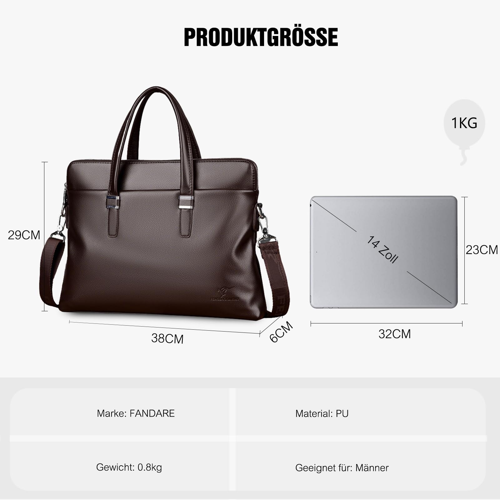 FANDARE Herren PU PU Leder Mappe, Großraum-Aktentasche für Business-Laptops, Commuter-Messengertasche mit mehreren Fächern für Büro/Reisen/Alltag für Geschenk für Berufstätige & Geschäftsleute