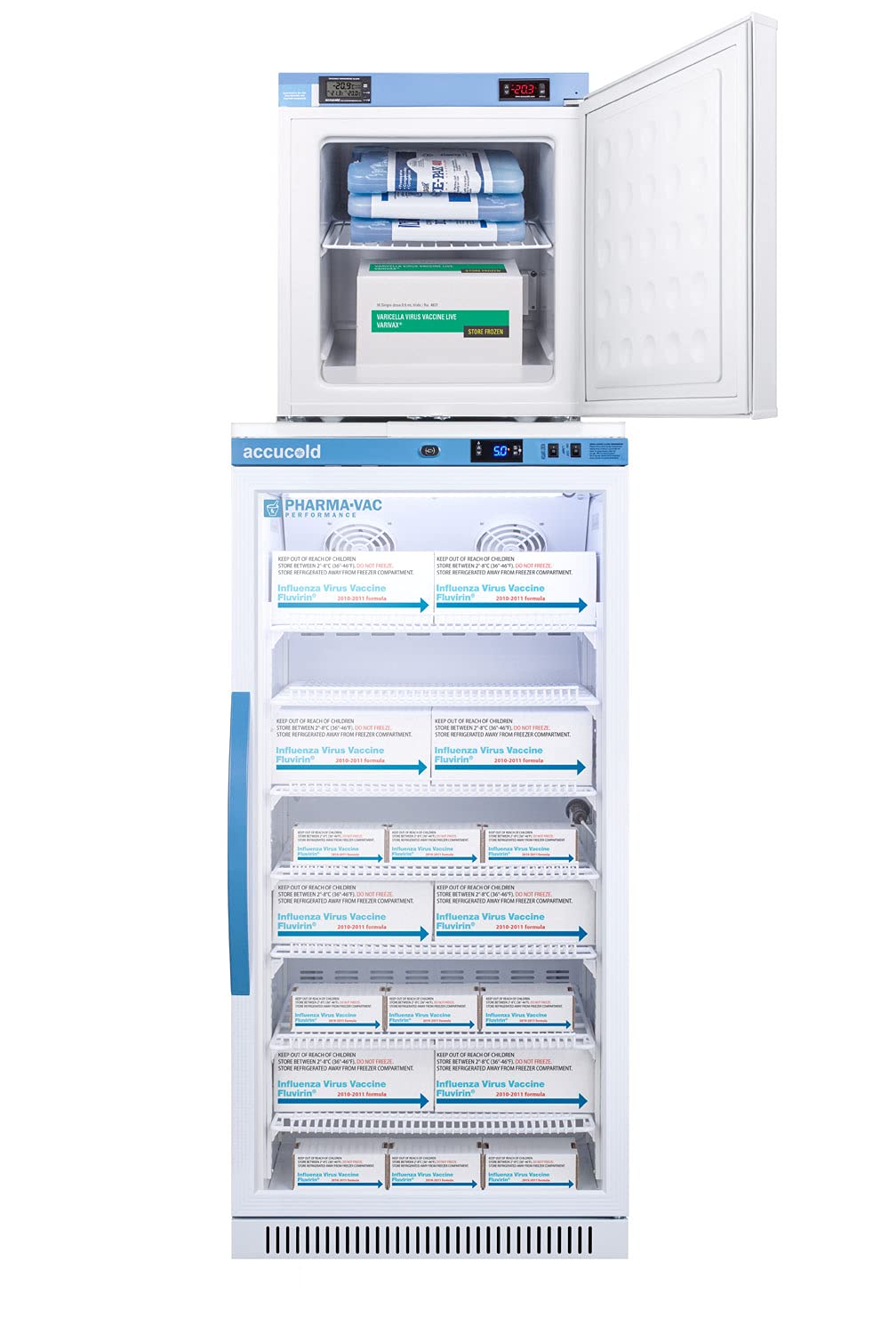 Summit Appliance ARG8PV-FS24LSTACKMED2 Stacked Combination of Pharma-Vac ARG8PV 24" Wide All-refrigerator and FS24LMED2 Compact Manual Defrost All-freezer for Vaccine Storage on Fridge.com
