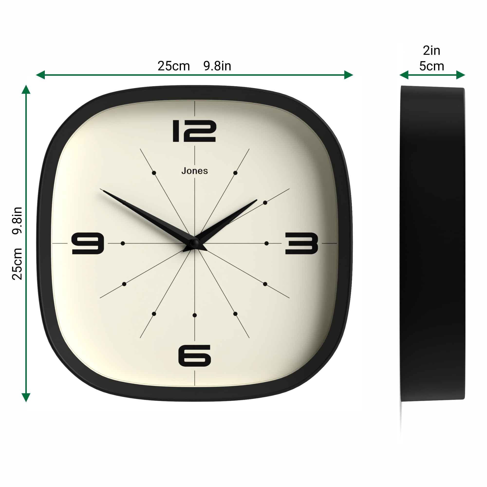 Jones Clocks® Pulsar wall clock, Black, 25 x 25 x 5 cm - Image 3