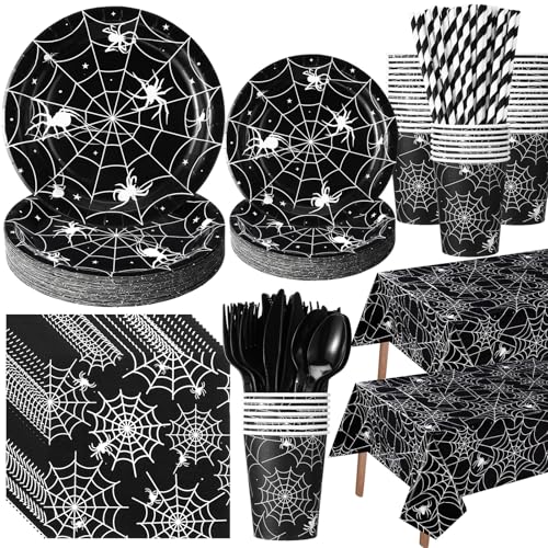452 Pcs Halloween Spiderweb Party Supplies Tableware for 50 Guests Include 7&9 Inch Black Spider Web Paper Plates Napkins Cups Tablecloth Cutlery Straws for Spiderweb Birthday Party Decor