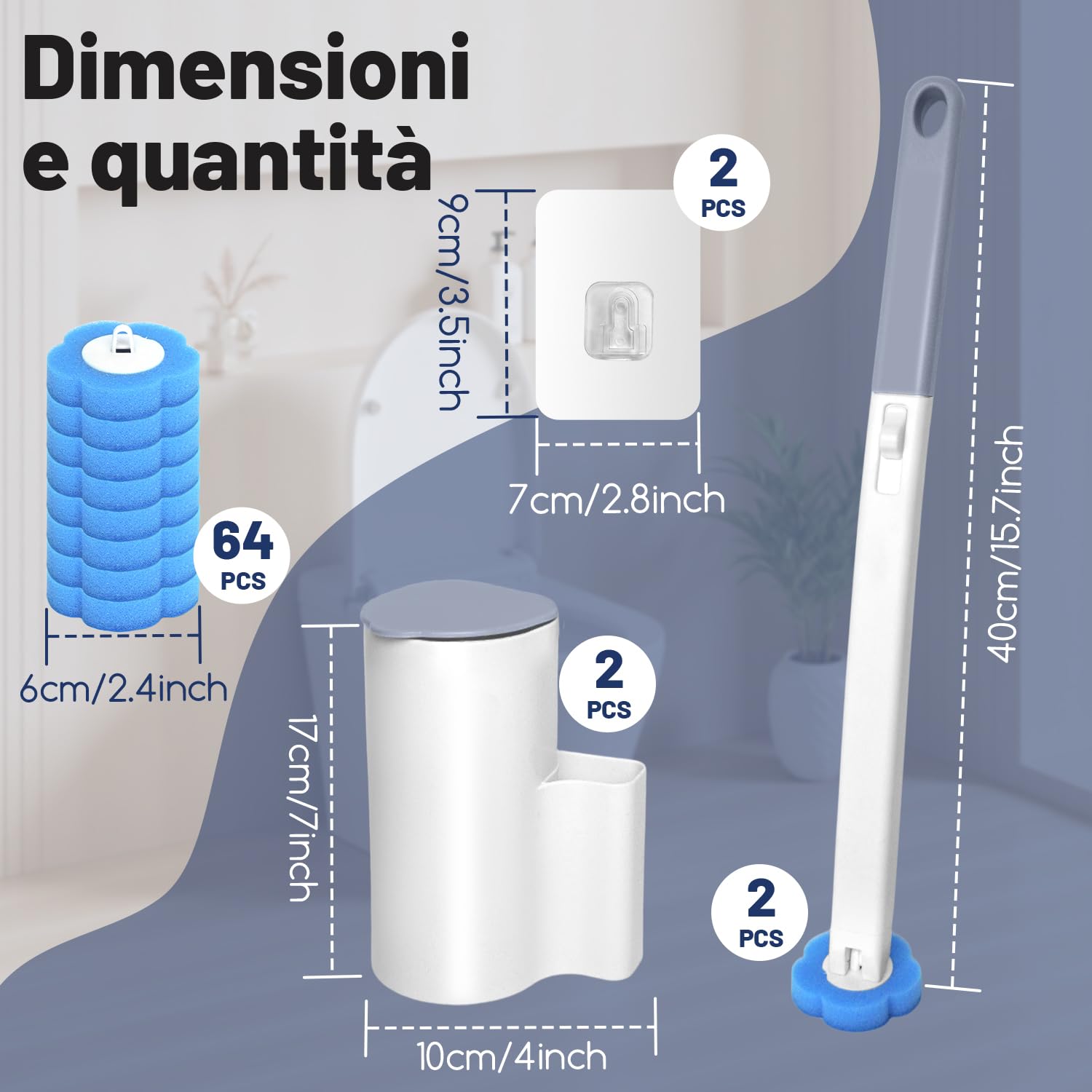 Scopino WC Usa e Getta – Set di Scopino Bagno WC a Parete in 2 Pezzi, Comprensivo con 64 Testine con detergente e 2 Supporti per Riporle, per Pulizia WC, Bagno, Lavabo e Vasca