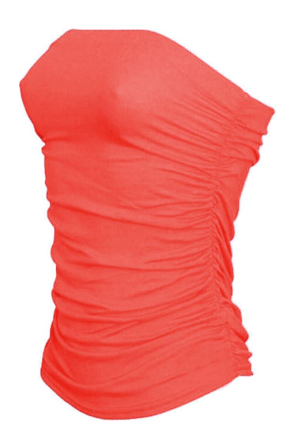 Riddled With Style Women's Coral Bandeau Strapless Boob Tube Top Side Ruched Crop Everyday Wear Plain Bra