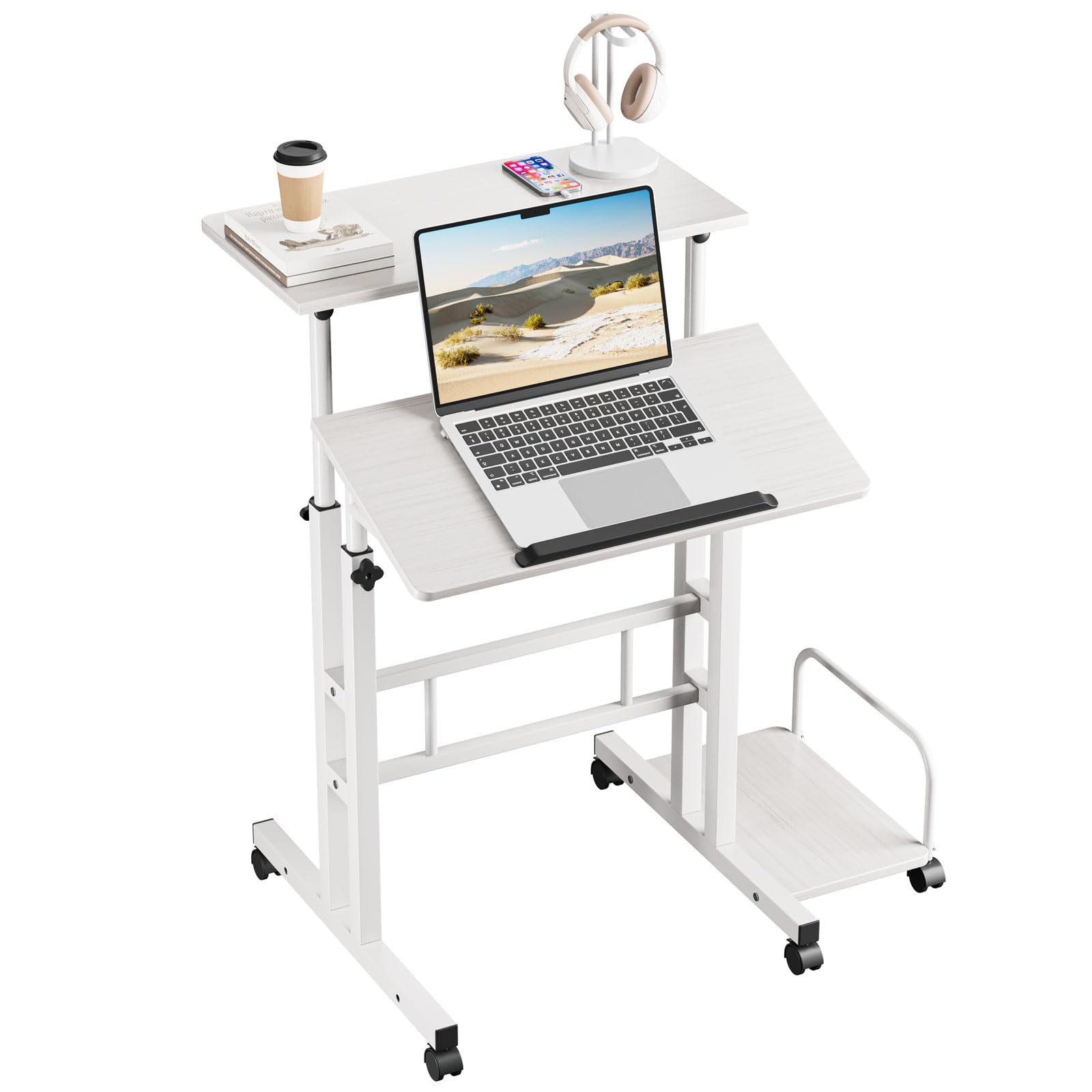 Dripex 60x60cm Stehpult Höhenverstellbar Schreibtisch, Mobiler Computertisch mit 4 Rollen, Steh-Sitz Tisch Laptoptisch neigbar Tischplatte, für Zuhause Büro,Weiß