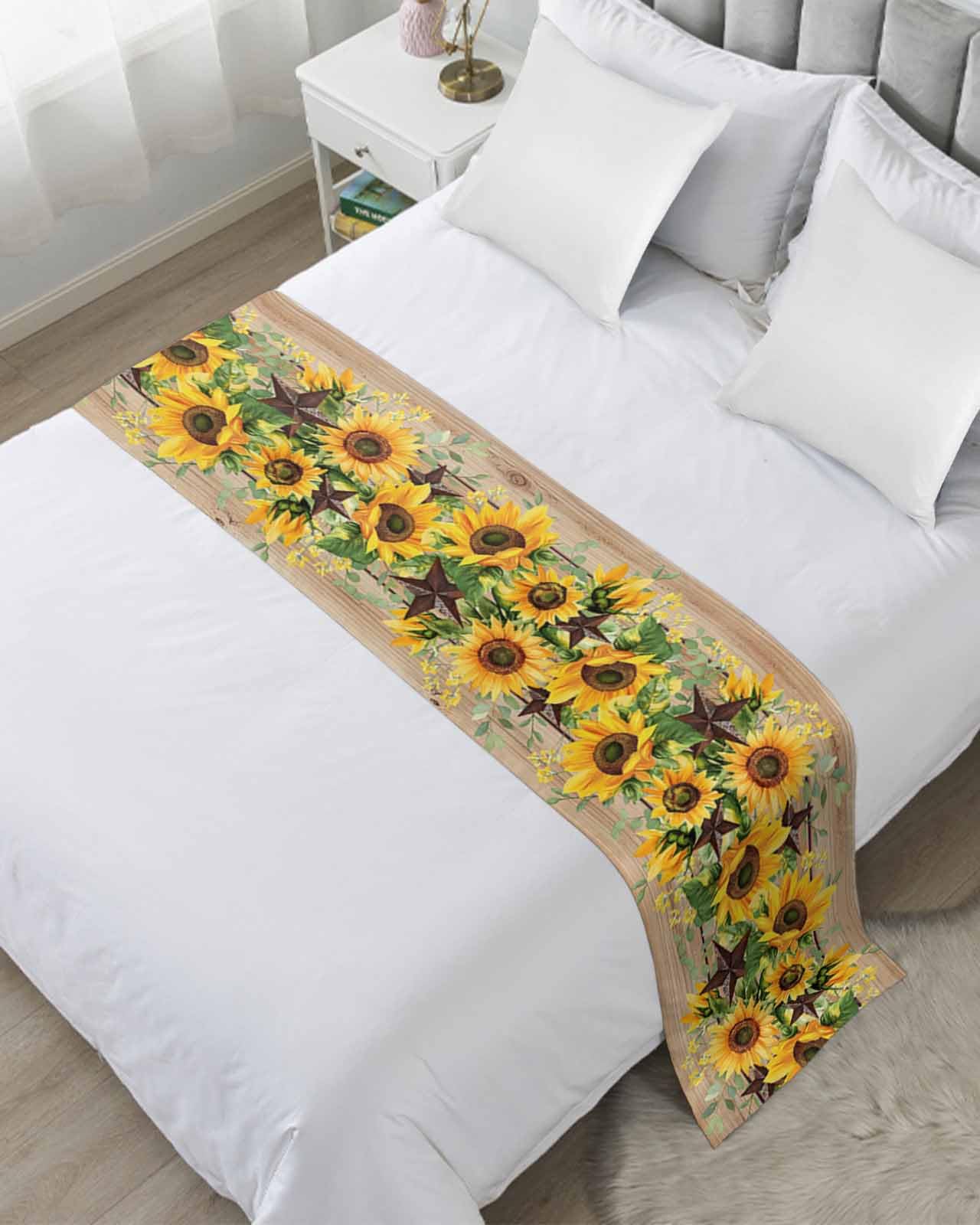 Brown Sunflower Bed Runner Scarf for Twin Size Bed Foot,Decorative Bedding Accessory Stainproof & Dustproof Soft Protector For Bedroom Wedding Room Rustic Country Star Spring Summer Wooden 71