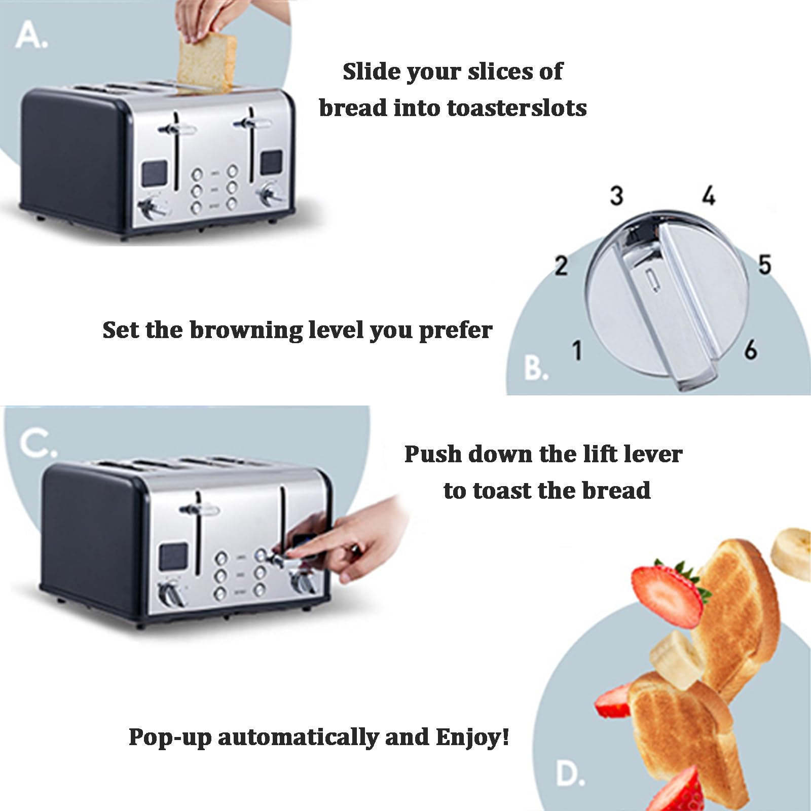 Tostapane In Acciaio Inox, Timer Per Il Conto Alla Rovescia, Funzioni Bagel/Scongelamento/Riscaldamento/Annullamento, Griglia Scaldavivande, Vassoio Rimovibile