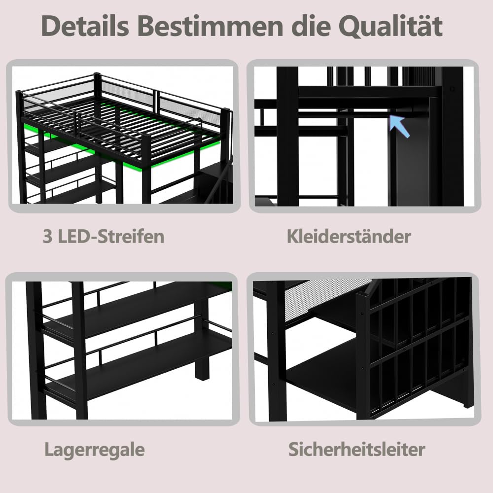 Cama alta de 90 x 200 cm con tira luminosa LED y toma de corriente, cama de hierro forjado con compartimento de almacenamiento y librería, cama individual de metal multifuncional, sin colchón