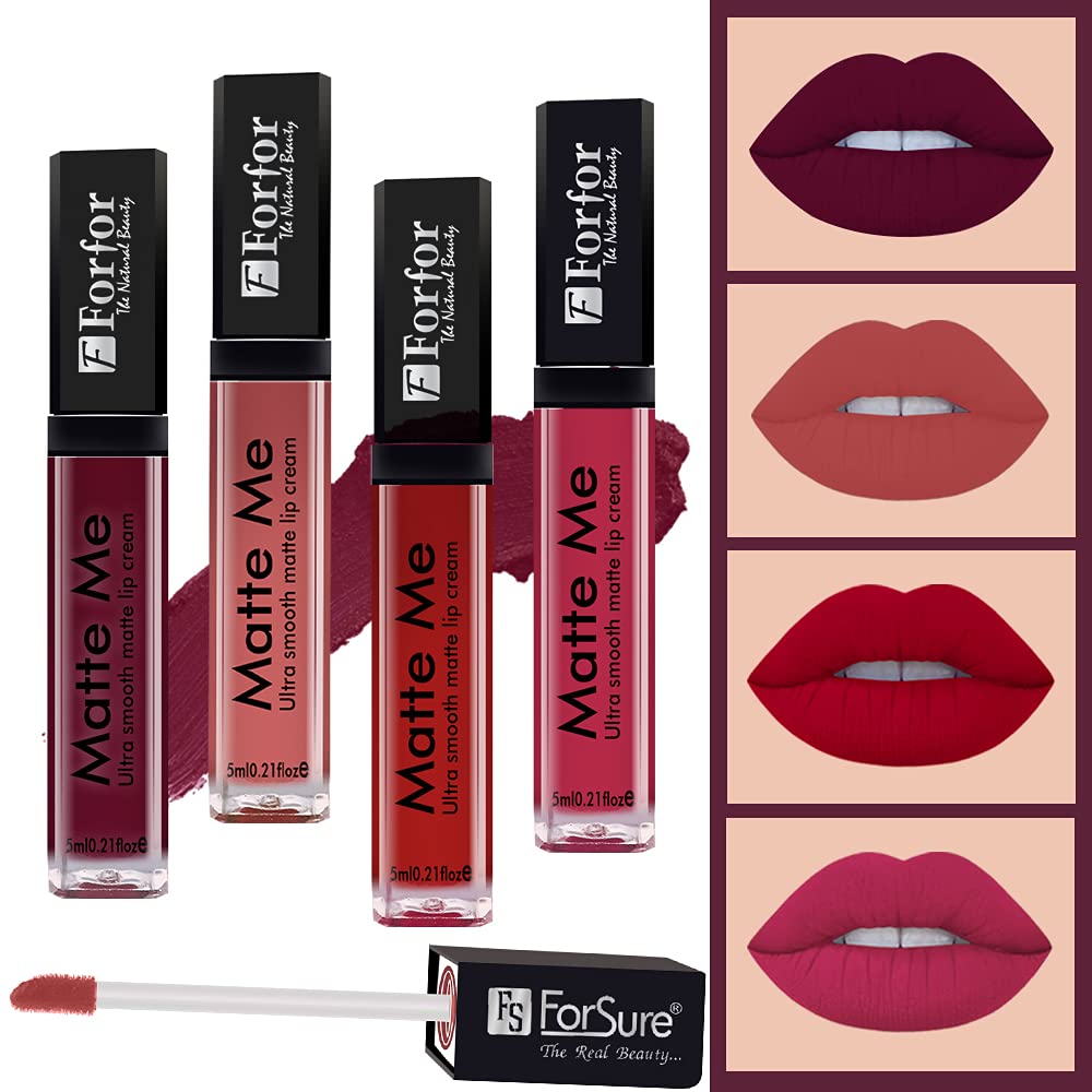 FORFOR® Forever Matte Me Long Lasting | Waterproof | Liquid Matte Lip Color Combo of 4 (upto 12 hours Stay) (Vintage Wine, Nude Beach , Angel Red , Carnation Pink)