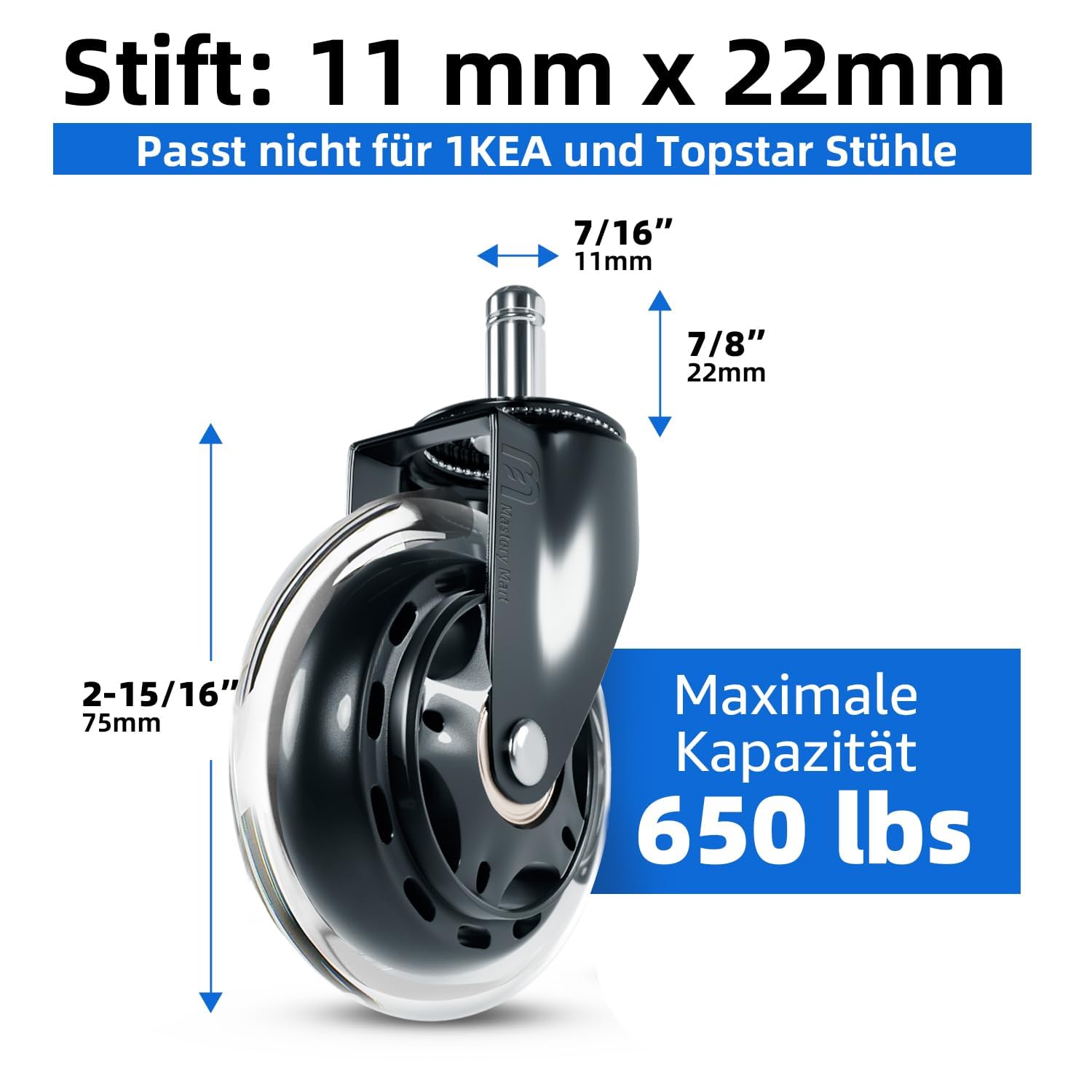 Mastery Mart Bürostuhl Rollen 10er Set, Hartbodenrollen 11mm x 22mm Bürostuhlrollen Ersetzen Bodenschutzmatten – Passend für 98% aller Stuhlrollen (Nicht für 1KEA, Matt-schwarz)