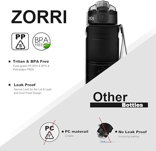 Miniatura 90 de Botella de agua deportiva Zorri, 13.5, 17, 23.6 onzas, sin BPA, a prueba de fugas, ligera, para exteriores, campamento, ciclismo, fitness, gimnasio