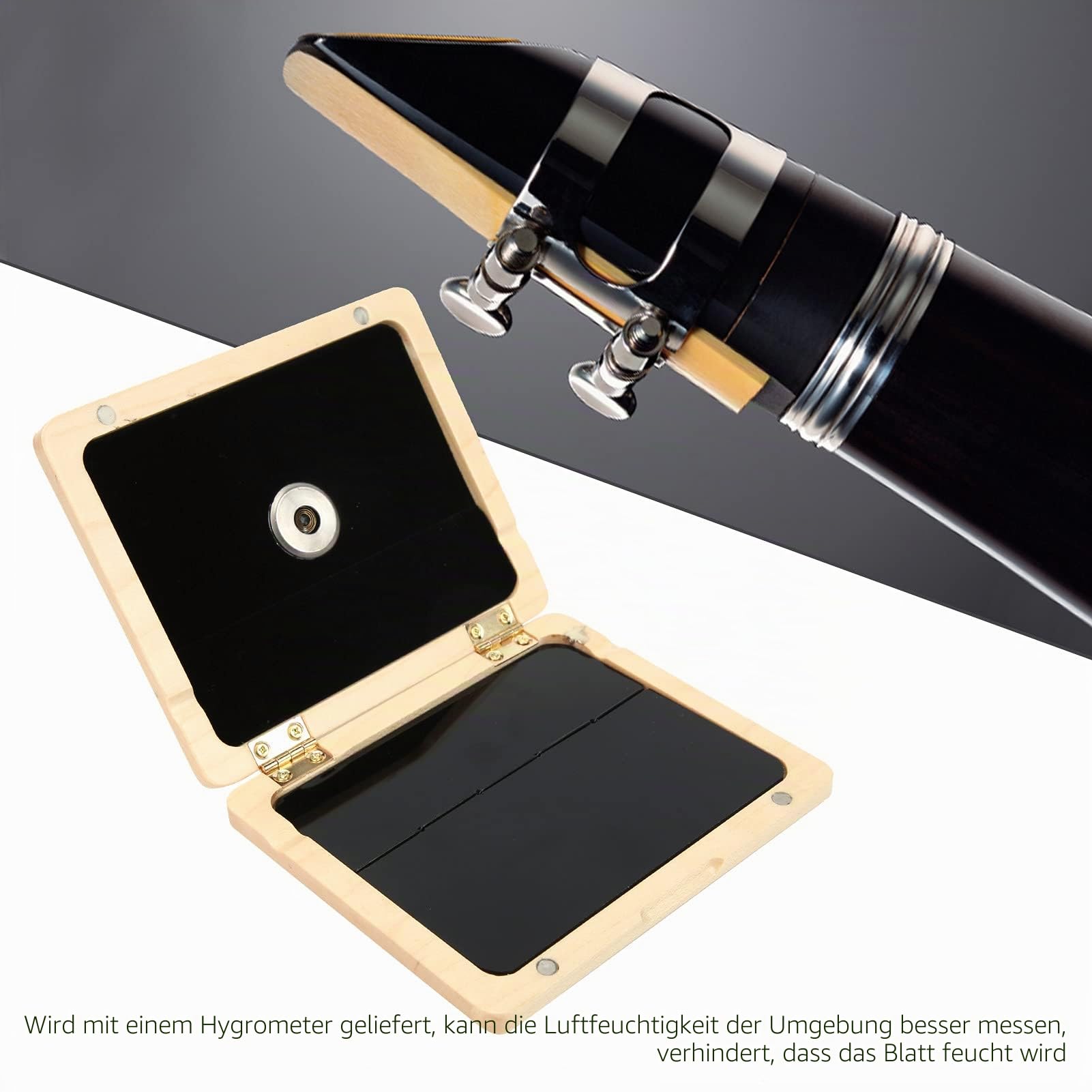 Blattetui, Mit Hygrometer und Natürliche Holzfarbe, Saxophon Klarinette 5-Blatt Etui Halter für professionelle Musiker, Schüler, Hobbyisten, Konzerte, Proben, tägliche Übungen