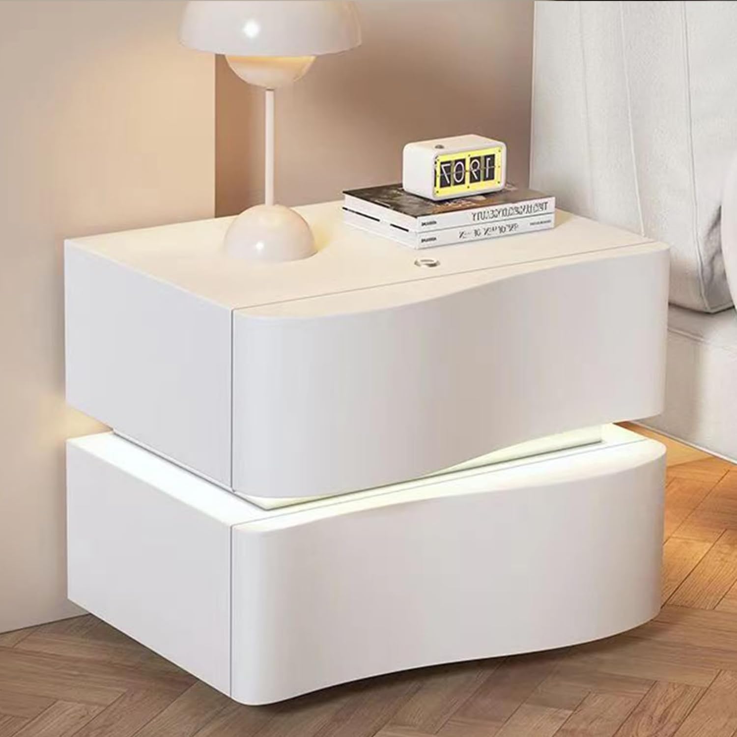 Solid Wood Nightstand, Leather Bedside Table with LED Light Strip, Modern Bedroom Night Stand, Side Table with Drawers (2 Drawers, White)