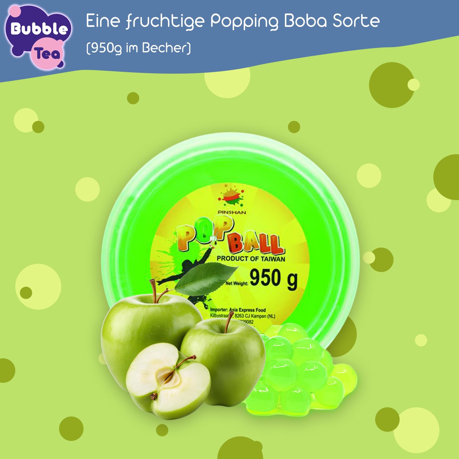 Bubble Tea DIY Set mit Green Apple Popping Boba - Für 4 Getränke - 14-teiliges Boba Tee Starter Kit - 3 Teesorten (Milchtee, Grüner Tee, Zitronen-Eistee), Fruchtperlen, Strohhalme, mit Anleitung
