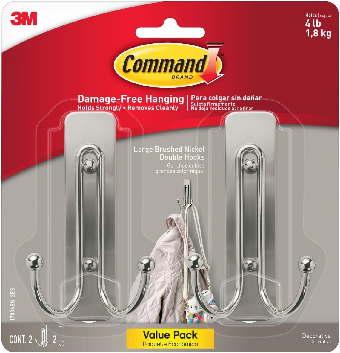 Command Large Brushed Nickel Double Hooks, 2 Hooks and 2 Command Strips, Damage-Free Hanging Wall Hooks with Adhesive Strips, No Tools Coat Hooks for Hanging Home Decor, Holds up to 4 lb Brushed Nickel Large