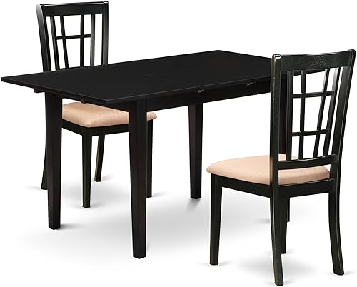 East West Furniture NONI3-BLK-C - Juego de mesa de comedor moderno de 3 piezas que contiene una mesa rectangular de madera con hoja de mariposa y 2