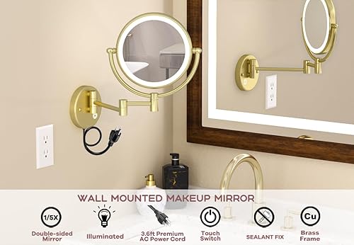 Miniatura 9 de Espejo de maquillaje de latón de 8 pulgadas con luces, espejos personales de doble cara 1X5X para baño con 360 giratorio extensible, latón antiguo