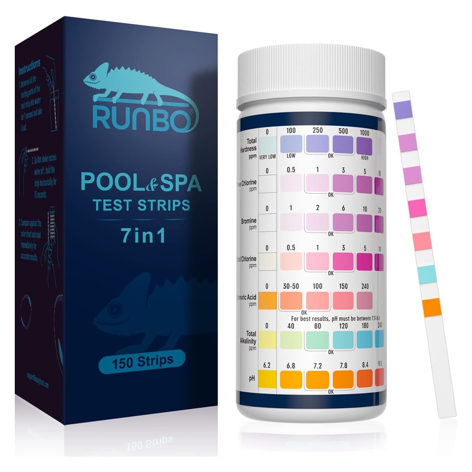 RUNBO 7 IN 1 Poolwasser Teststreifen für pH,150 Stück,Wassertester Tester für Spa Schwimmbad,Genauer Test-Brom, Gesamtalkalinität,Freies Chlor,Gesamthärte,Cyanursäure und Gesamtchlor，pH