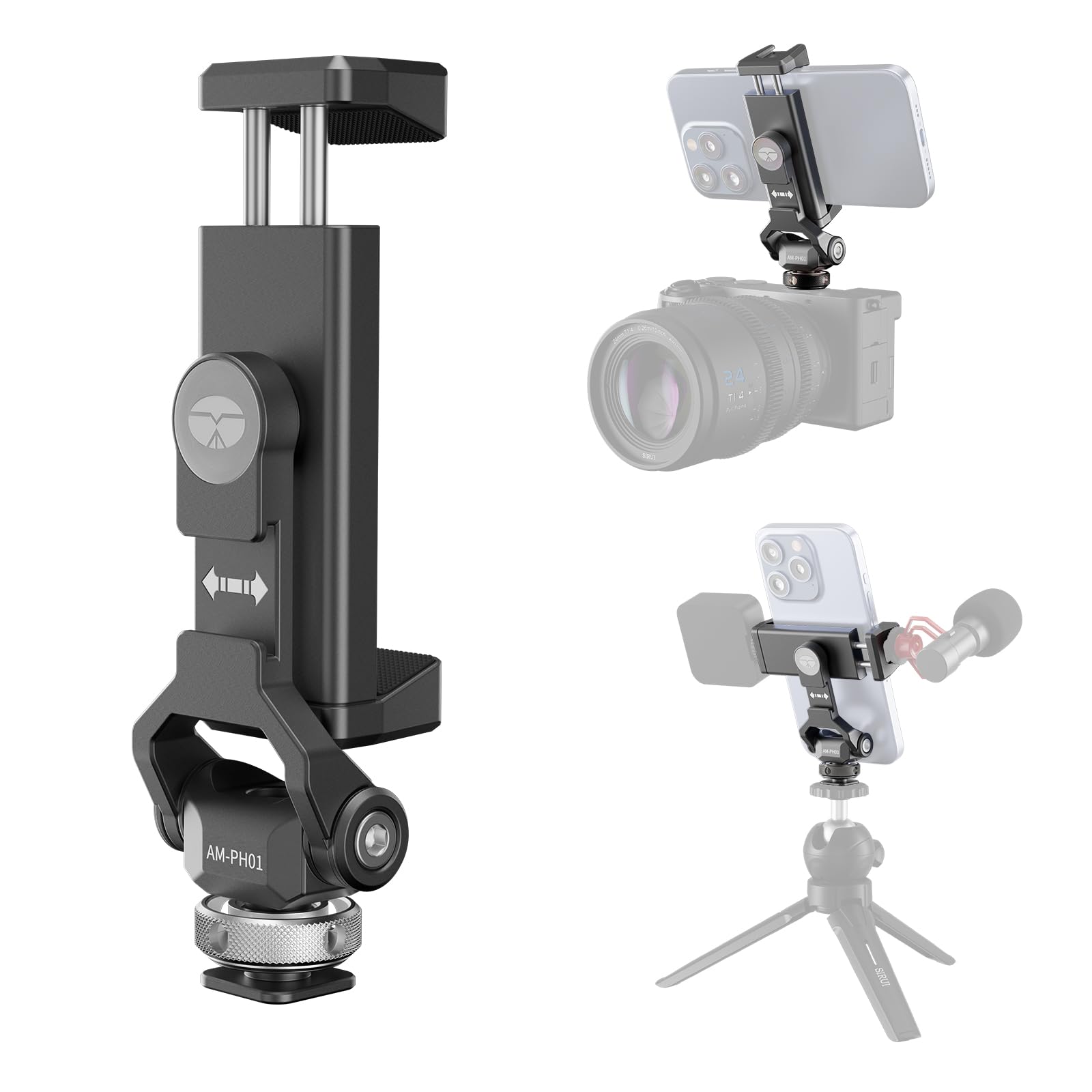SIRUI AM-PH01 - Supporto per telefono in metallo con base a slitta fredda per supporto fotocamera, morsetto universale per smartphone con 3 espansioni Cold Shoe, supporto regolabile per treppiede