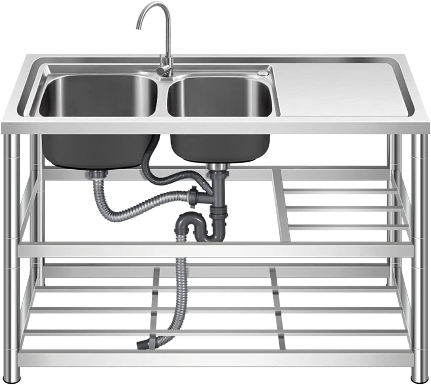 Fregadero Comercial, Fregadero De Acero Inoxidable, Lavabo De Cocina De Acero Inoxidable, Estante De 2 Capas Multifuncional con Soporte For Lavamanos Vegetales (Size : 120 Right Basin Three Layers)