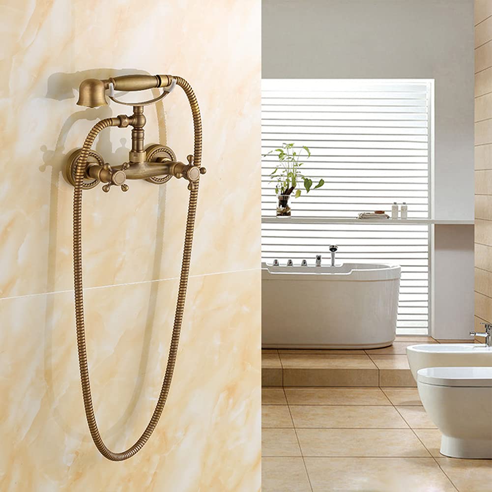 Gx Grifo Bañera con Alcachofa De Mano Dos Asas Latón Mezclador De Bañera Montaje En Pared, Incluye Soporte Y Manguera De 150 Cm, Grifo De Ducha, Antiguo