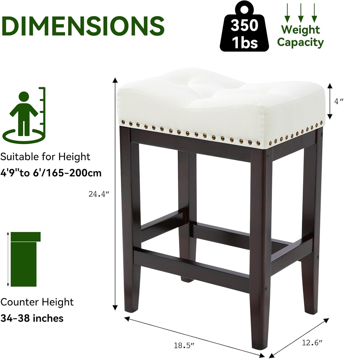 24" Counter-Height Backless Bar Stool – Upholstered Cushion, Kitchen-Island Ready, Quick Assembly, Small-Space Friendly (Cream White Fabric+Coffee Wood, 4pcs-24in-bar stools)