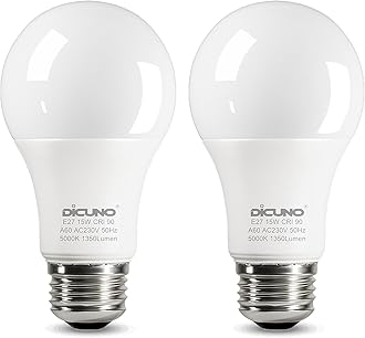 DiCUNO E27 Screw LED Bulb 15W, Daylight White 5000K, 100 Watts Halogen Equivalent, Large Screw in Light Bulb, 1350LM, Non-Dimmable, ES High CRI 90 Lightbulbs for Lamp, 2 Pcs