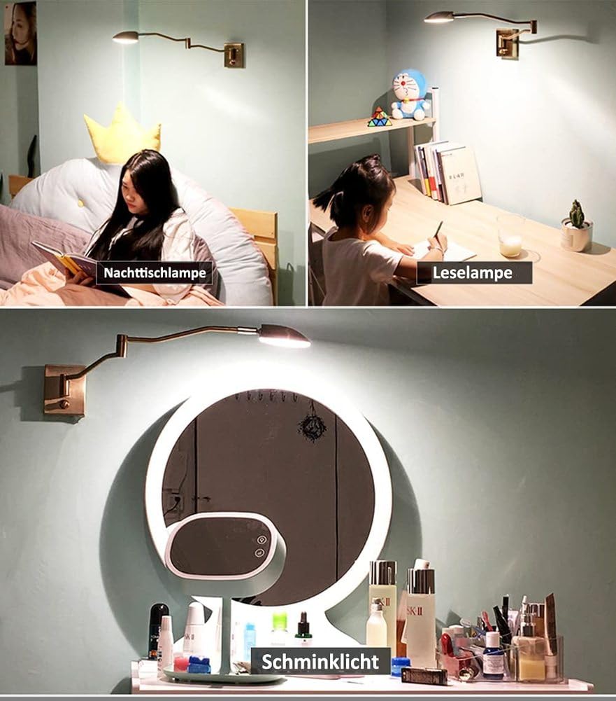 AoLa LED Wandleuchte Verstellbarer Lange Arm mit Schalter und Kabel, 9.5W Dimmbar Nachttischlampe Modern Wandlampe mit Stecker, Metall Wand Leselampe für Schlafzimmer Study, 4000K Warmweiß,Schwarz